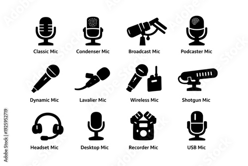 Various types of microphones: classic, condenser, broadcast, podcaster, dynamic, lavalier, wireless, shotgun, headset, desktop, recorder, usb