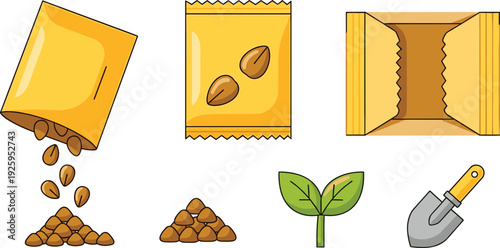 Seed Packet Vector Illustration Set with Yellow Sachet Pouring Seeds Pile of Seeds Garden Trowel and Green Sprout Icons for Gardening Design