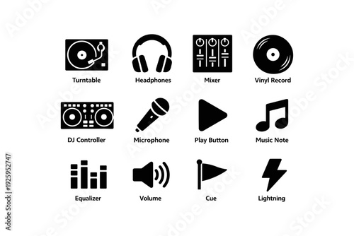 Music equipment icons: turntable, headphones, mixer, vinyl, dj controller, microphone
