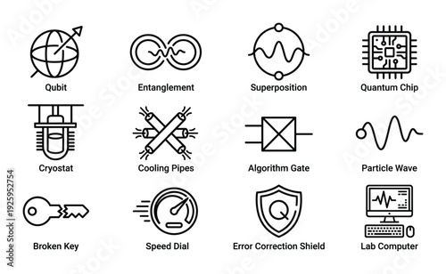 Quantum computing vector icon set line style technology qubit entanglement superposition and more