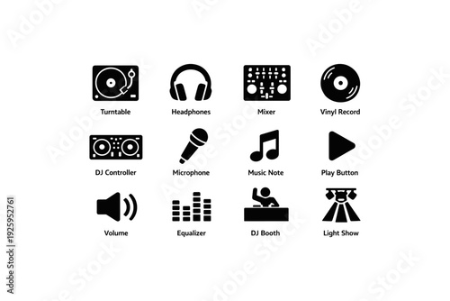 Music equipment icons: turntable, headphones, vinyl, dj controller, microphone