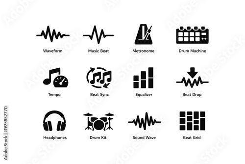 Music symbols: waveform, metronome, drum machine, equalizer, headphones, drum kit icons