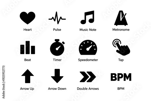 Musical and rhythm icon set with metronome and heartbeat symbols