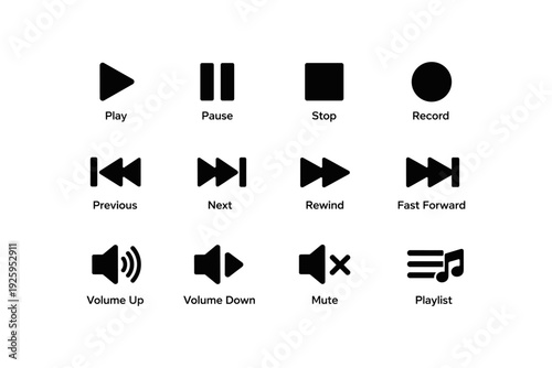 Audio control icons: essential media playback and volume symbols