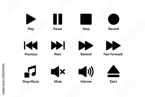 Audio and video control icons: play, pause, stop, record, navigate