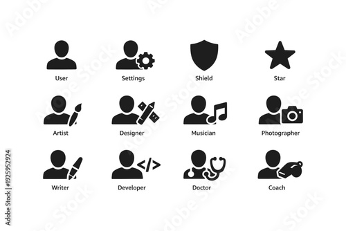 Icon set: user settings, shield, artist, designer, musician, photographer, writer, developer, doctor, coach