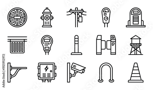 Round metal manhole cover with geometric pattern in street for infrastructure access point