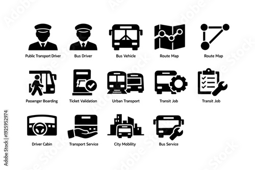 Public transport icons: bus driver, route map, ticket validation, urban transit, city mobility