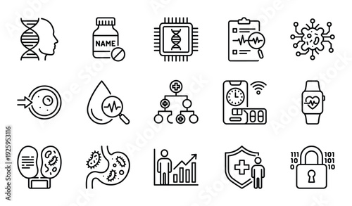 Set of bioengineering icons outline style molecular biology and genetic modification