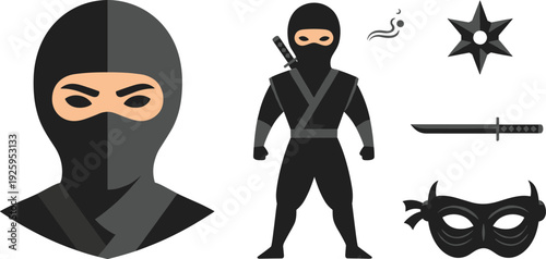 Black Ninja Character Vector Illustration Set with Shinobi Warrior Mask Shuriken Star and Katana Sword Icons for Martial Arts Design