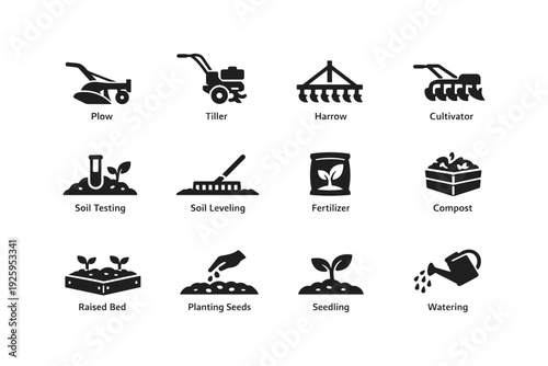 Agricultural equipment and practices icons: plow, tiller, harrow, cultivator, soil testing, fertilizer, compost