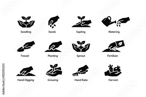 Garden icons: seedling, watering, sprout, fertilizer, harvest