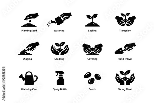Gardening icons: planting, watering, sprouting, transplanting, and tools