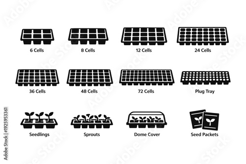 Seed tray varieties with cell counts and labels for gardening
