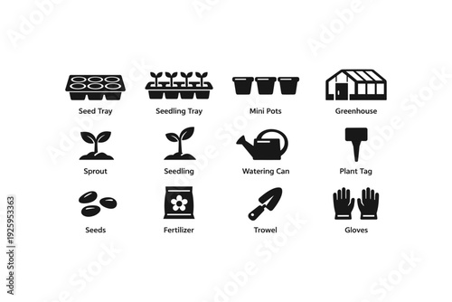 Essential gardening tools and supplies icons: seed tray, greenhouse, trowel, gloves, watering can