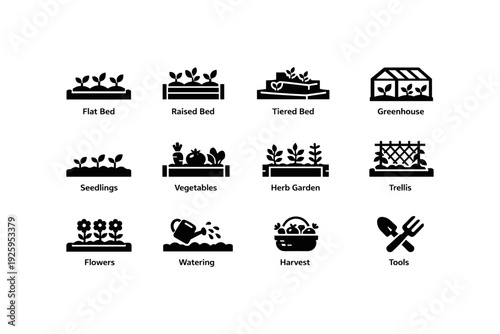 Garden icons: flat bed, greenhouse, seedlings, vegetables, tools