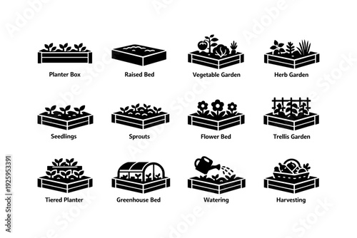 Garden icons set: planter box, raised bed, vegetable and herb gardens, seedlings, sprouts, greenhouse, watering, harvesting