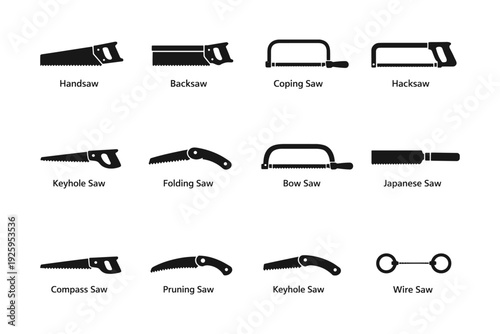 Illustration of various saw types including handsaw, backsaw, coping saw, and more