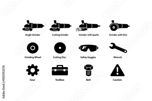 Construction tools and safety equipment icons: grinder, disc, goggles, wrench, caution