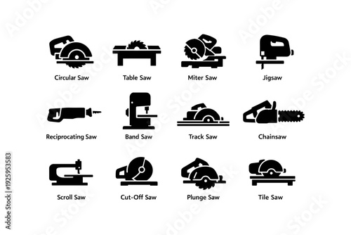 Silhouette collection of various power saws and cutting tools