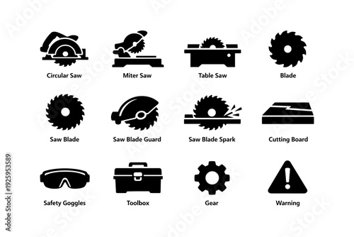 Silhouette icons of workshop tools and safety equipment
