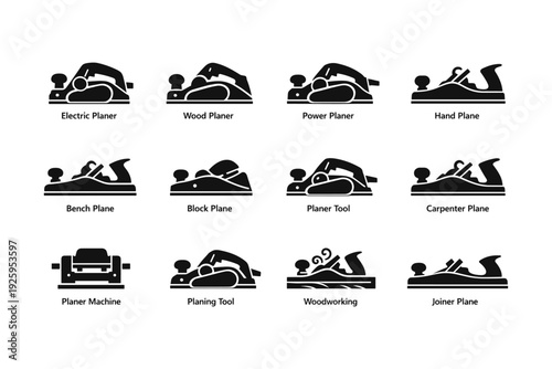 Black silhouette icons of various types of planers and woodworking tools