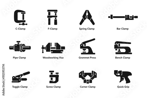 Assorted black silhouette clamps and tools collection