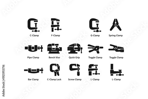 Variety of clamps and vises: c-clamp, f-clamp, g-clamp, spring clamp, bench vise, bar clamp