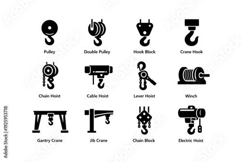 Various hoist and crane hook icons for industrial use