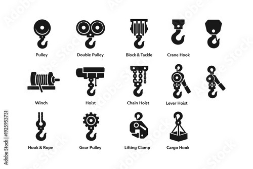Various industrial hook and pulley icons for lifting and hoisting operations