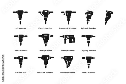 Types of jackhammers and breaker tools silhouettes