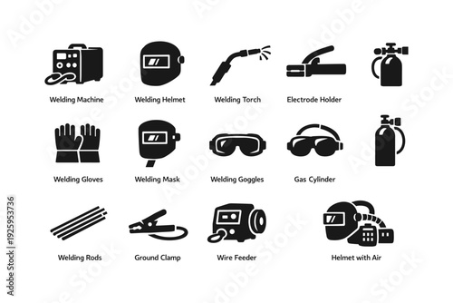 Essential welding tools: machine, helmet, torch, mask, gloves, goggles, cylinder