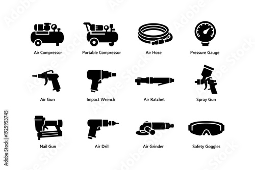 Set of industrial tools: air compressor, hose, gauge, gun, wrench, ratchet, spray gun
