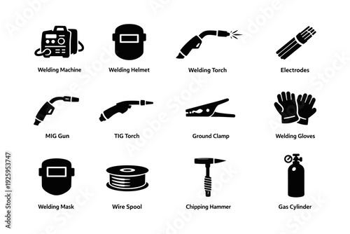 Black silhouette icons of welding equipment including tools and protective gear