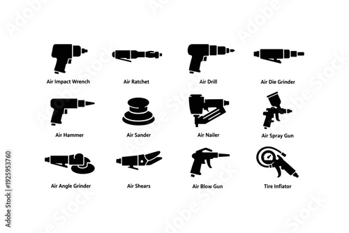 Silhouette icons of various air tools including drill, ratchet, grinder, hammer, and nailer