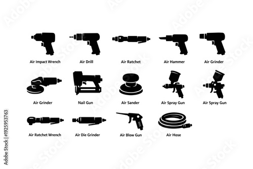 Air tools collection: impact wrench, drill, ratchet, hammer, grinder, nail gun, sander, spray gun, hose