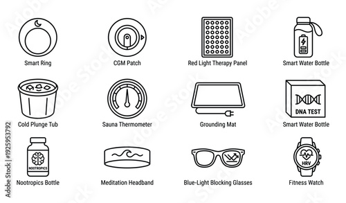 Wellness and technology, set of icons showcasing self-care practices for better health and wellbeing lifestyle