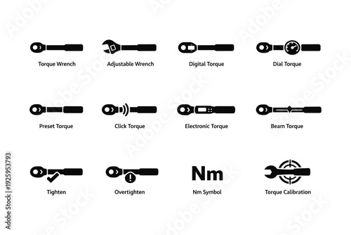 Torque wrench icons: adjustable, digital, dial, preset, calibration tools