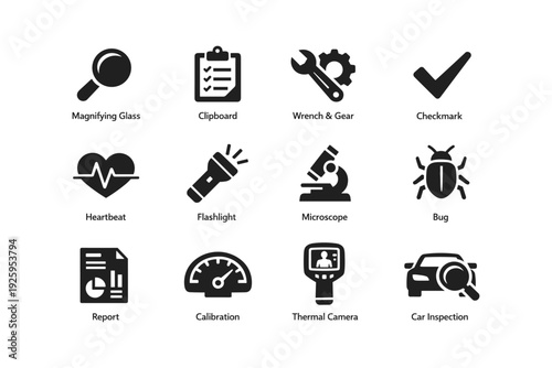 Magnifying glass, heartbeat, thermal camera, wrench, flashlight icons for inspection and calibration