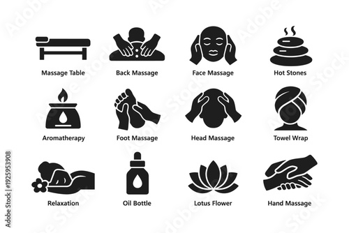 Massage therapy icons set: table, aromatherapy, hot stones, foot massage, relaxation
