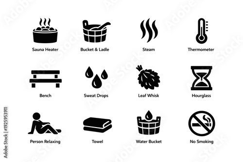 Sauna icon set: heater, bucket, steam, thermometer, relaxation
