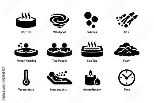 Spa icon set: hot tub, whirlpool, bubbles, jets, relaxation