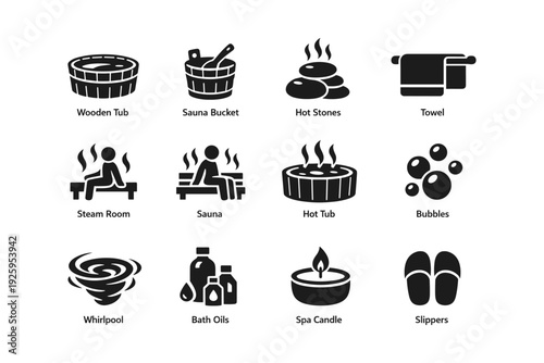 Spa icons set: wooden tub, sauna, hot stones, steam room, towel, bubbles, bath oils, slippers