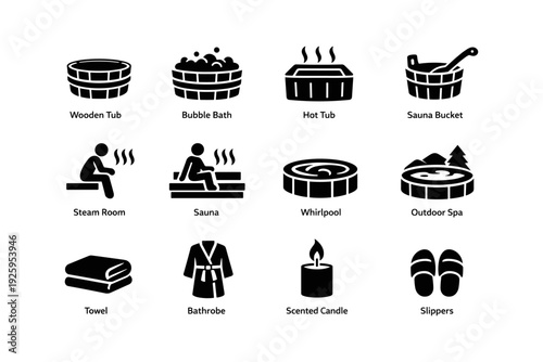 Spa icons: wooden tub, sauna, bathrobe, candle, slippers