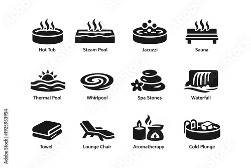 Spa and wellness icons: hot tub, sauna, whirlpool, aromatherapy, waterfall