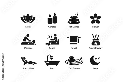 Spa and wellness icons: lotus, candles, hot stones, aromatherapy, zen garden