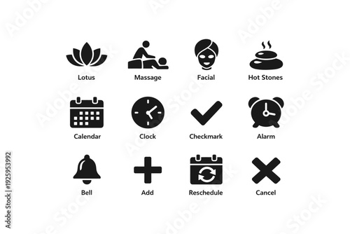 Set of spa and scheduling icons including massage, facial, hot stones, and calendar symbols