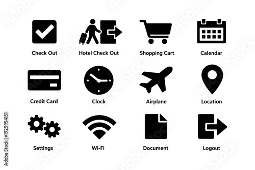 Essential icons for travel and shopping: checkout, cart, calendar, credit, wi-fi