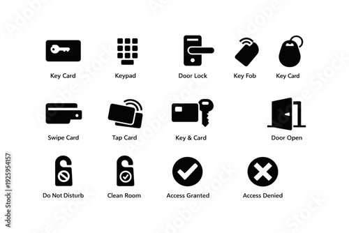 Key card and door access icons: door lock, swipe, tap, access granted, denied