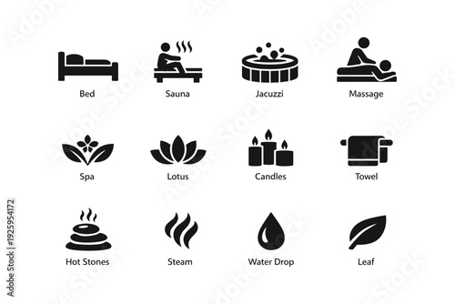 Spa icon set featuring sauna, jacuzzi, massage, and wellness symbols